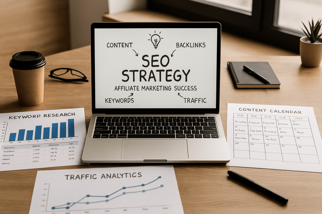 Workspace illustrating SEO strategies for affiliate marketing success with keyword charts and content calendar