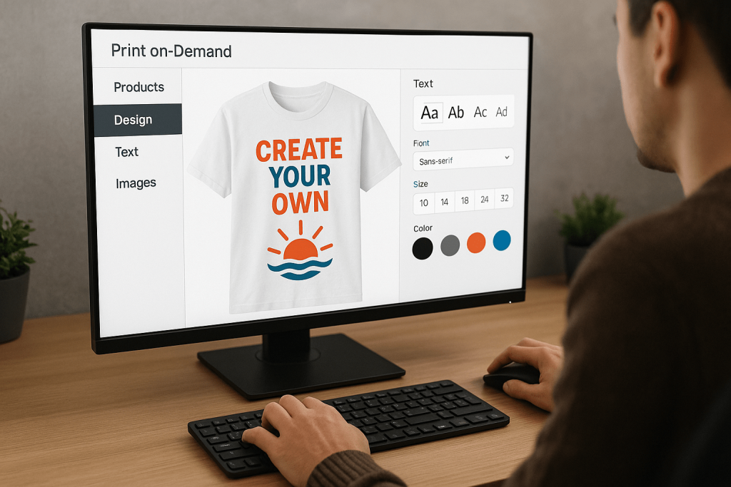 Designer creating custom t-shirt graphics using print-on-demand platform
