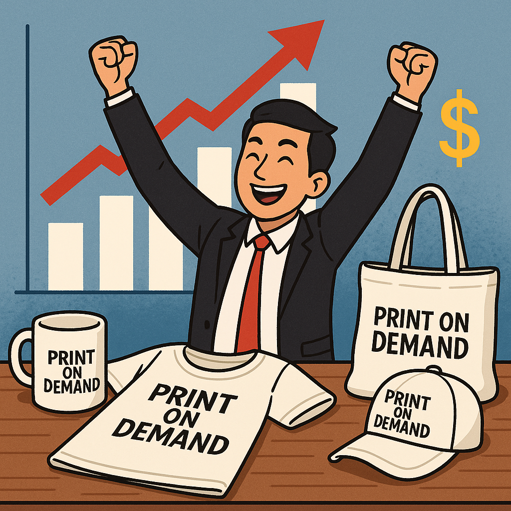 Successful POD entrepreneur celebrating business growth and profitability