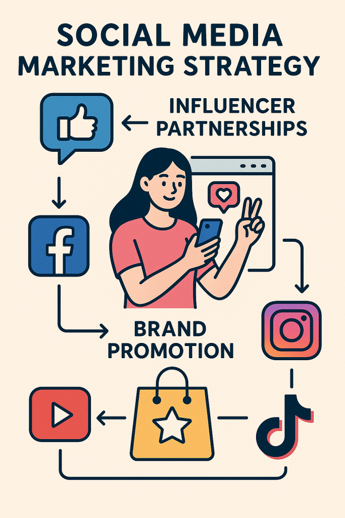 Social media marketing ecosystem showing influencer partnerships and multi-platform promotion strategies