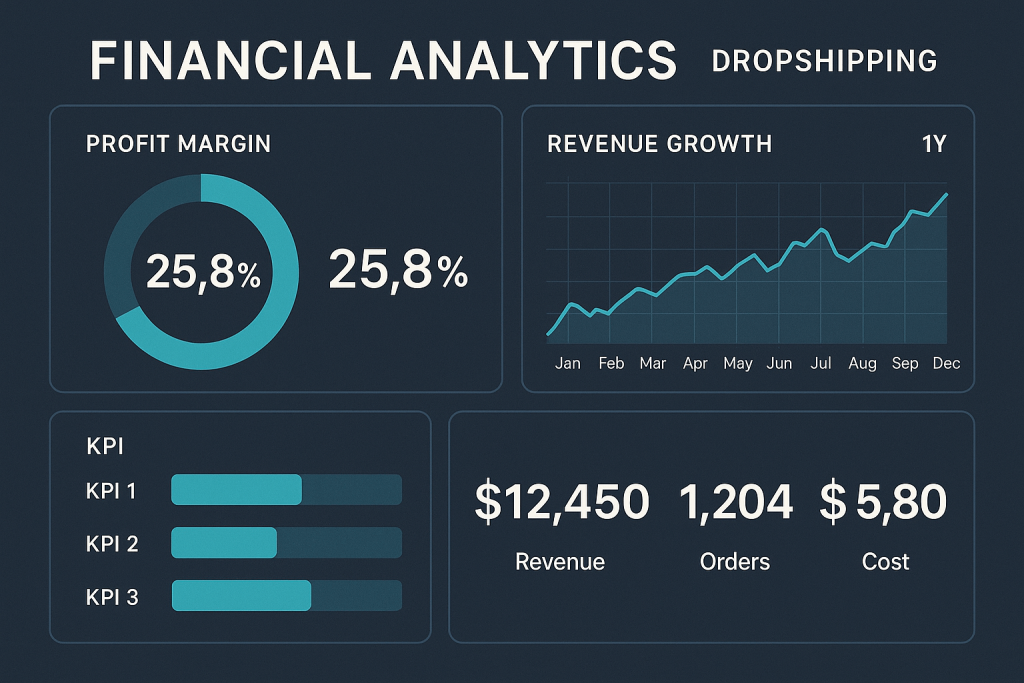 Financial performance dashboard displaying key metrics and profit analysis for dropshipping operations