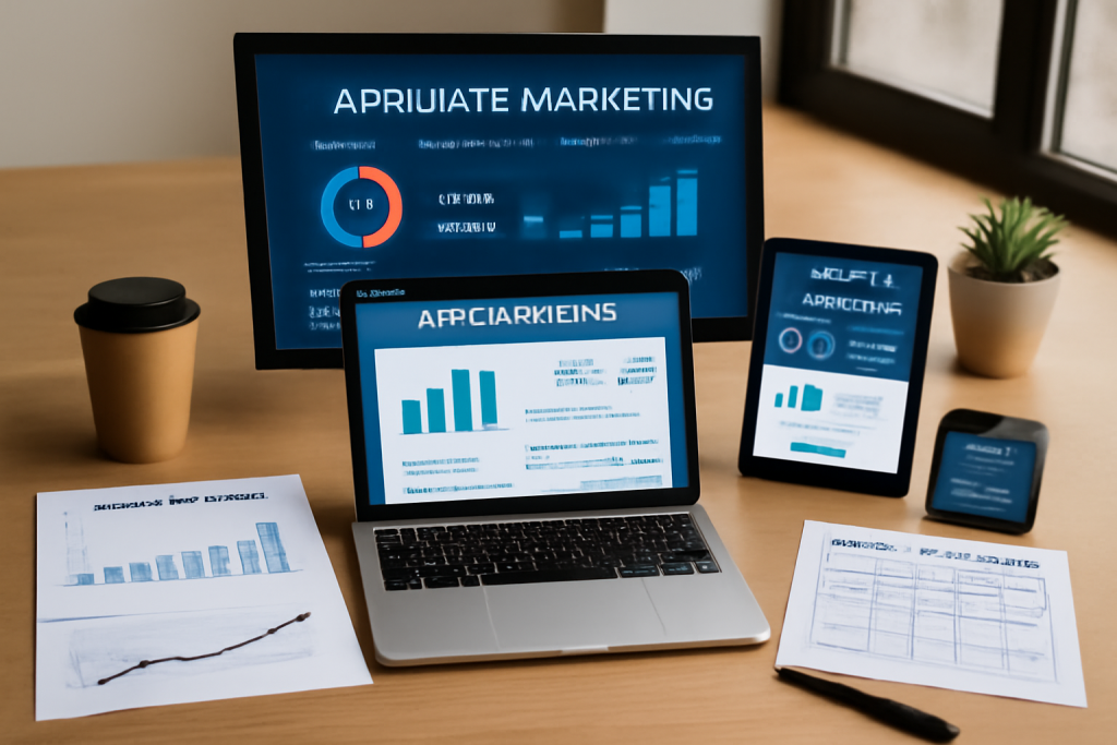 Workspace showcasing essential affiliate marketing tools and resources on multiple screens