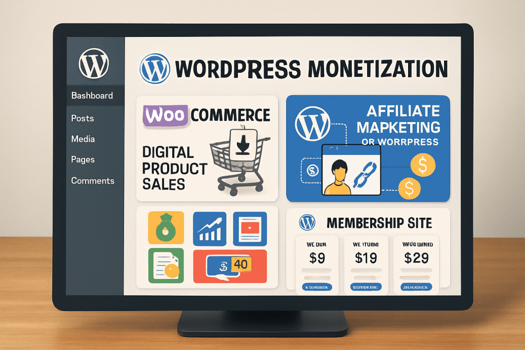 Featured image showing a digital workspace with WordPress monetization elements