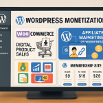 Featured image showing a digital workspace with WordPress monetization elements