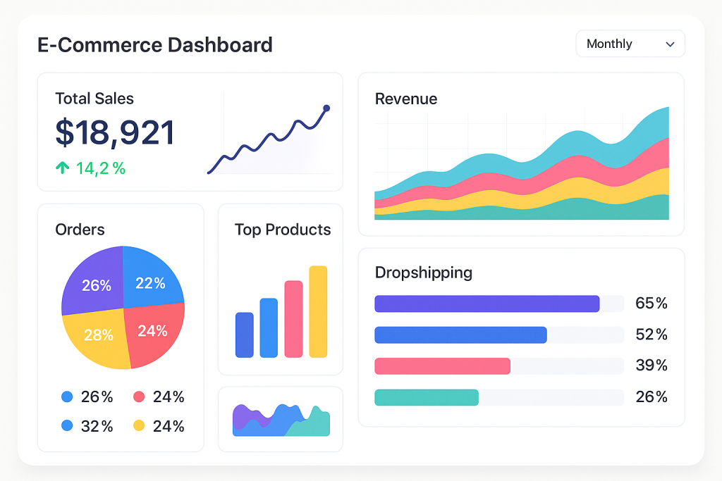 E-commerce dashboard displaying dropshipping analytics and sales performance metrics