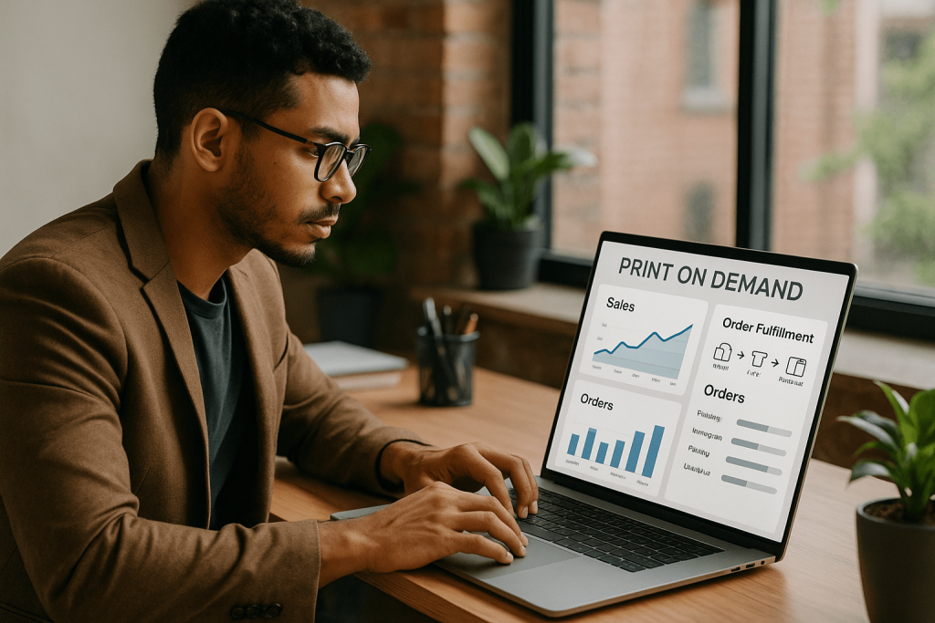 POD business dashboard displaying sales analytics and order management