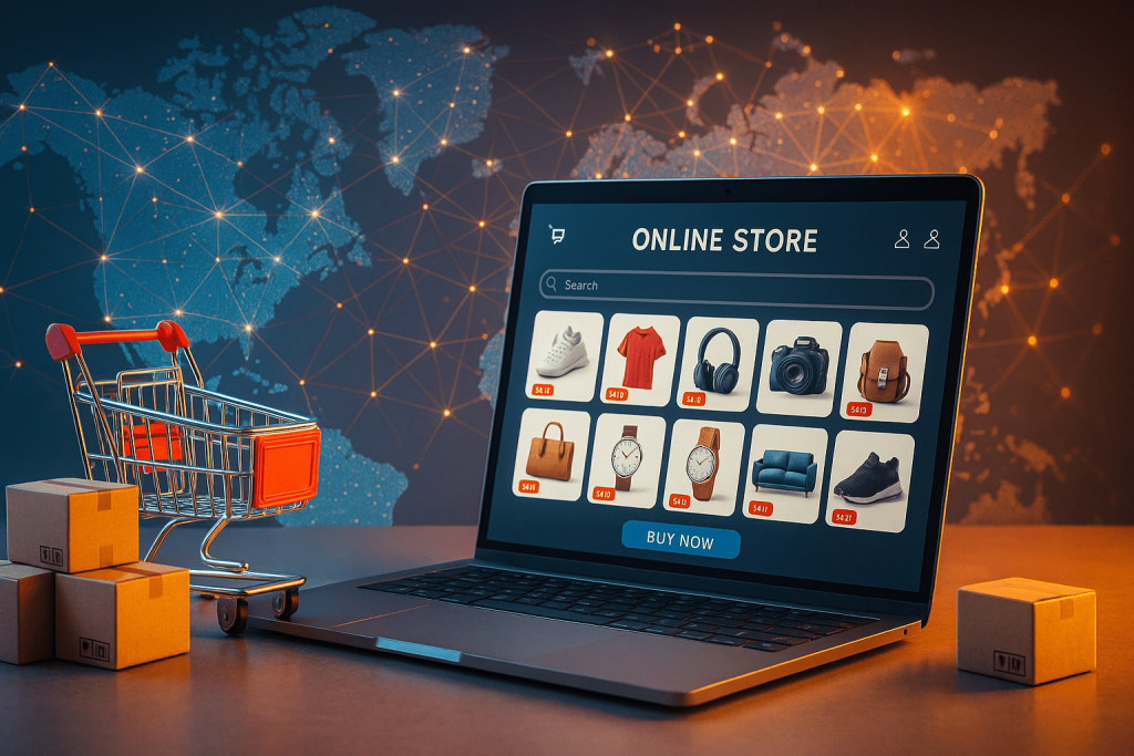 Realistic, eye-catching scene of a modern online store interface with a shopping cart, parcels, and a global network, representing ecommerce and dropshipping.