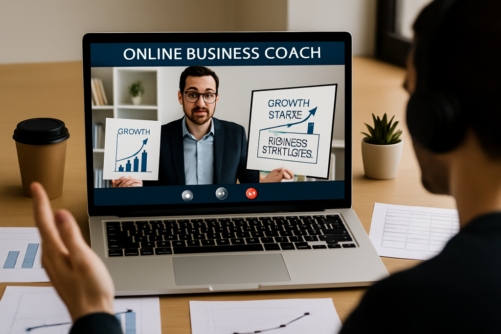 Online business coach conducting virtual coaching session with growth metrics