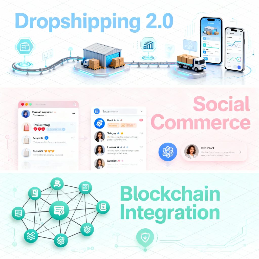 E-commerce evolution showcasing dropshipping, social commerce, and blockchain