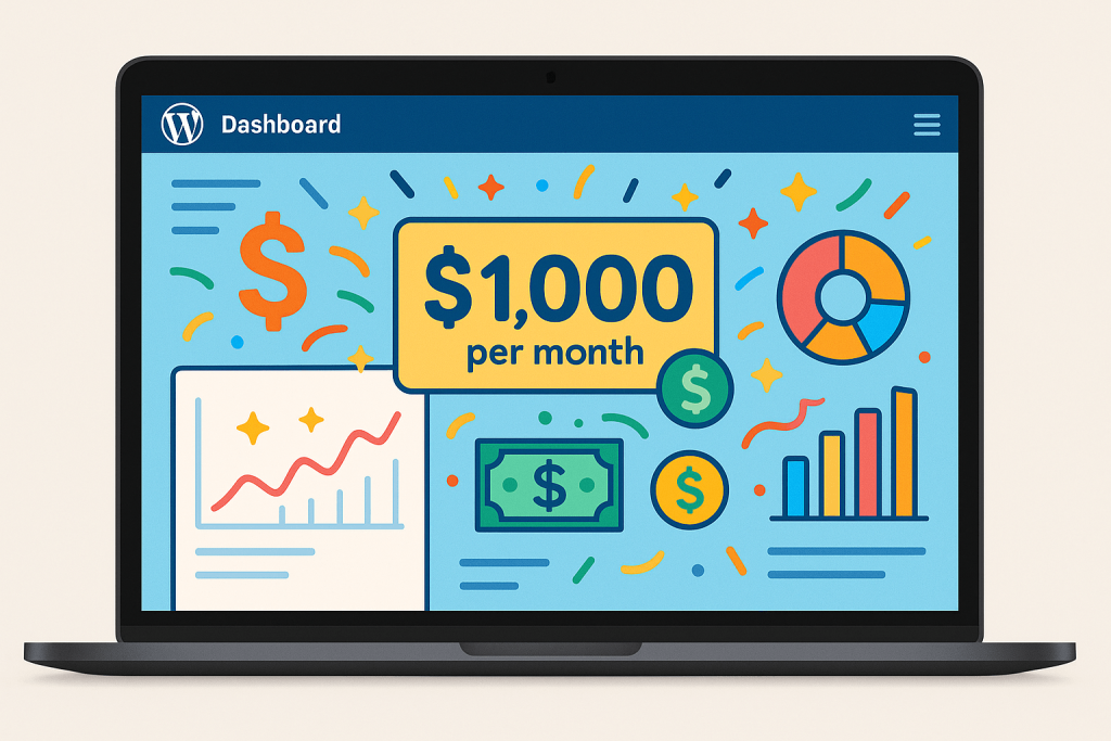 Eye-catching featured image showing $1,000 monthly WordPress passive income success