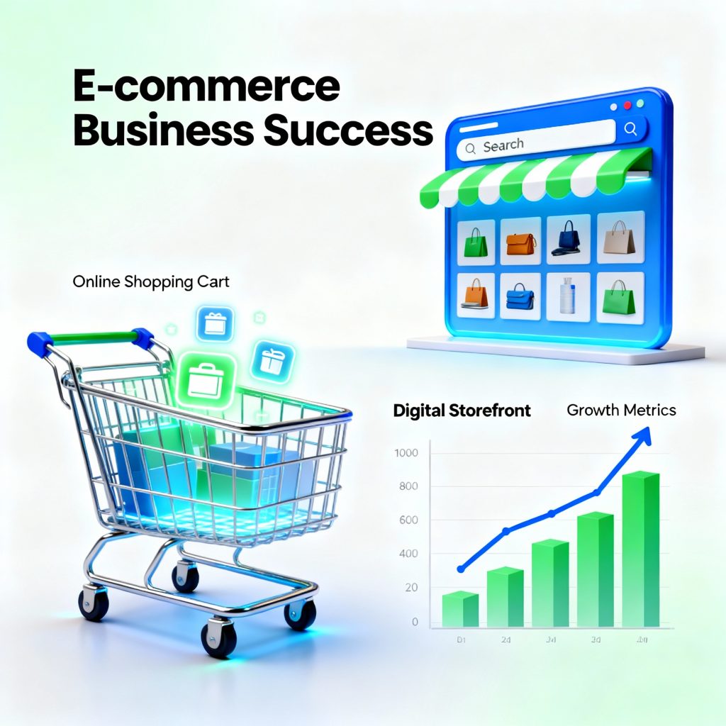 modern e-commerce business success illustration showing online shopping cart, digital storefront, and growth charts