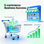 modern e-commerce business success illustration showing online shopping cart, digital storefront, and growth charts