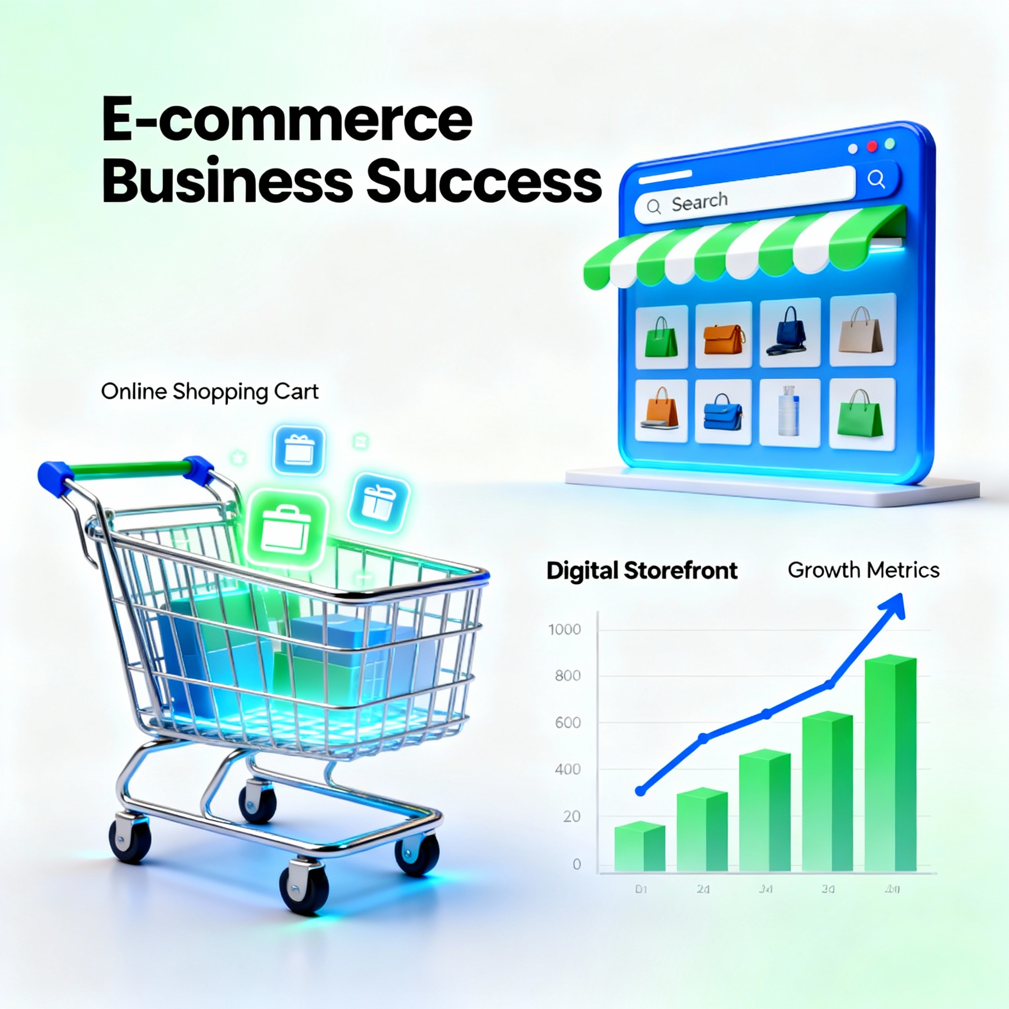 modern e-commerce business success illustration showing online shopping cart, digital storefront, and growth charts