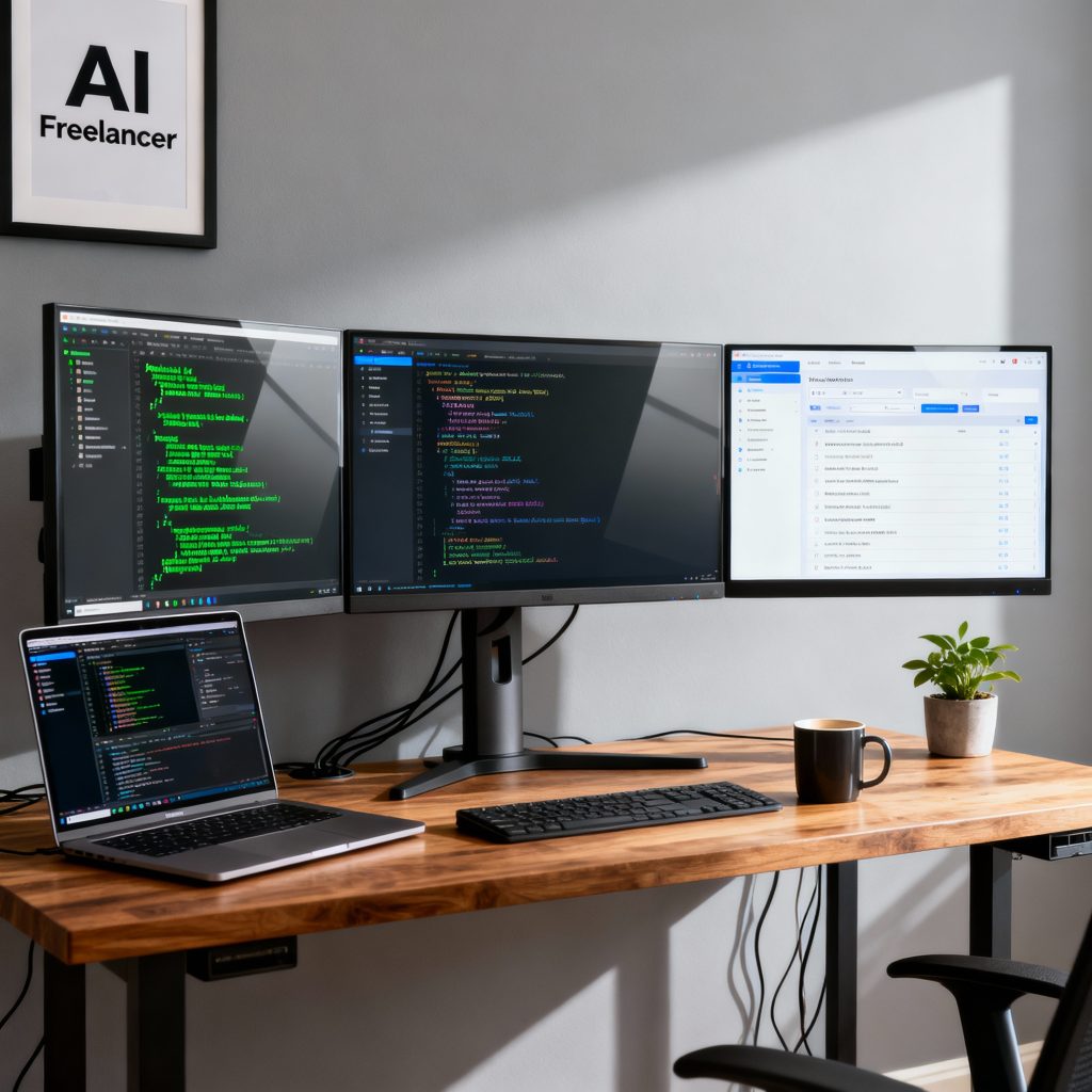 AI-powered freelancing workspace showcasing modern technology setup
