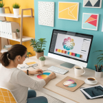 Professional graphic design workspace showcasing creative tools and projects