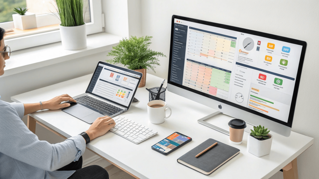 Professional virtual assistant workspace with modern remote work setup