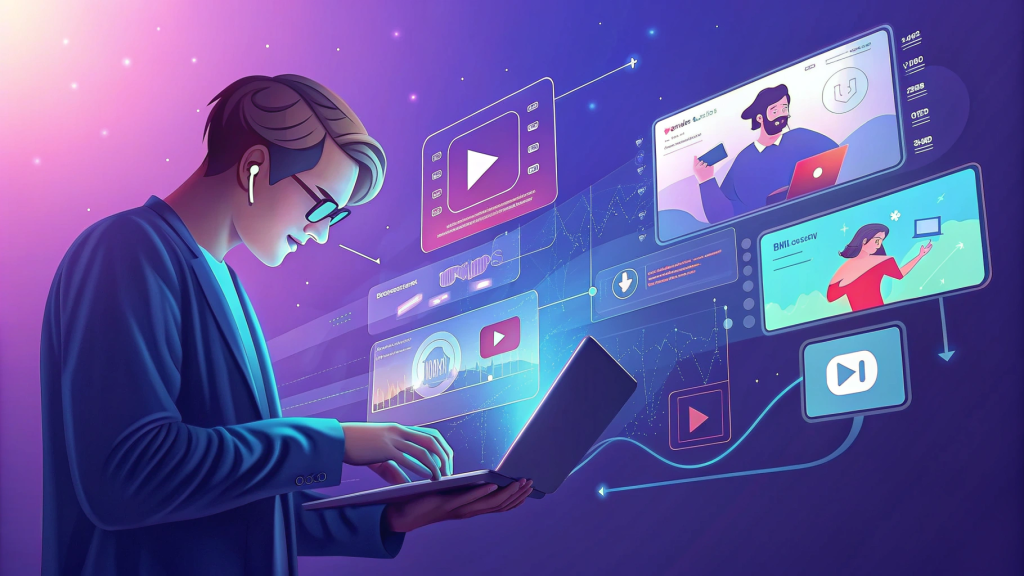 AI video generator creating viral content with multiple screens and trending elements