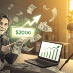 Young content creator smiling at camera holding laptop displaying earnings dashboard $2000 monthly income